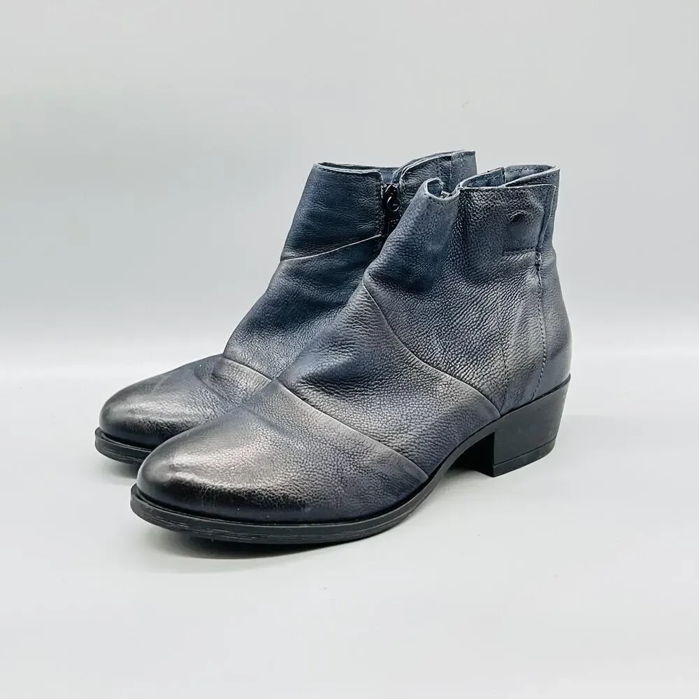 Miz Mooz Boots Womens 7.5 Blue Leather Ankle Zip Low Block Heel Booties Shoes